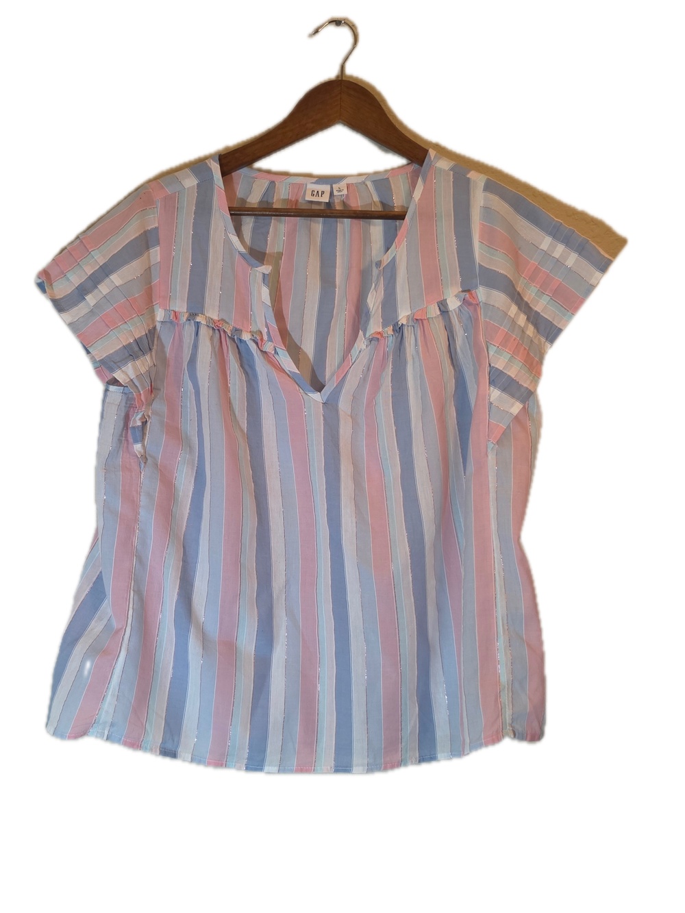 Gap Blouse Womens L Multicolor Striped Tunic V-Neck Ruffle Pleated Lightweight